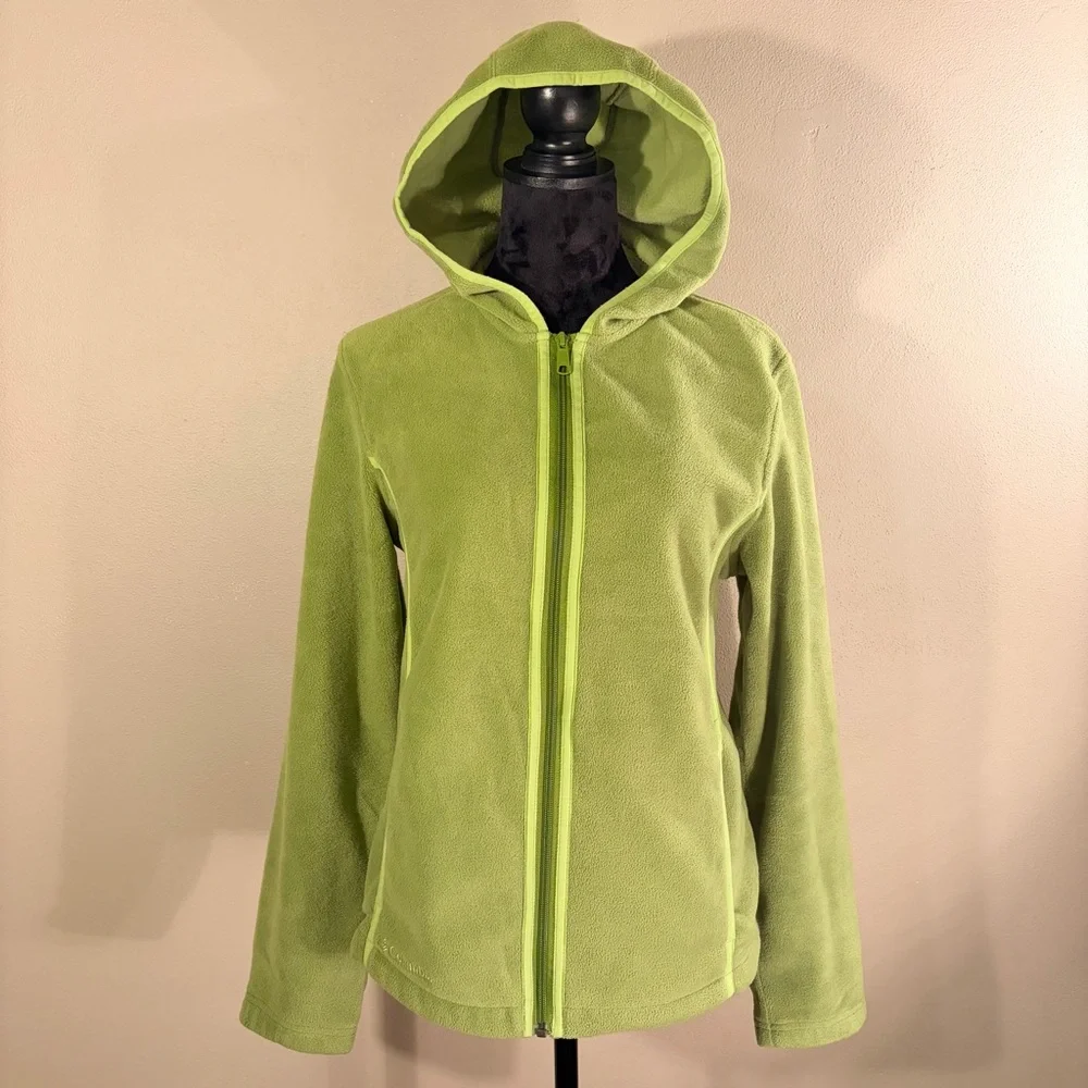 Columbia Fleece Hoodie Full-Zip Jacket Lime Green Sz L EUC Fall Layering Hiking